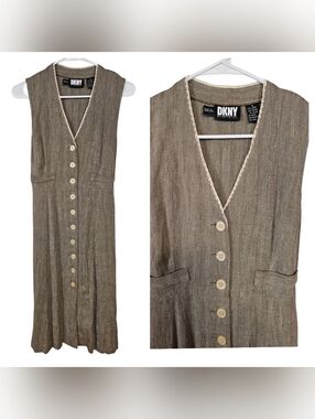 Vintage DKNY Linen Minimalist 90s Delicate Lace Button Down T-Shirt Dress